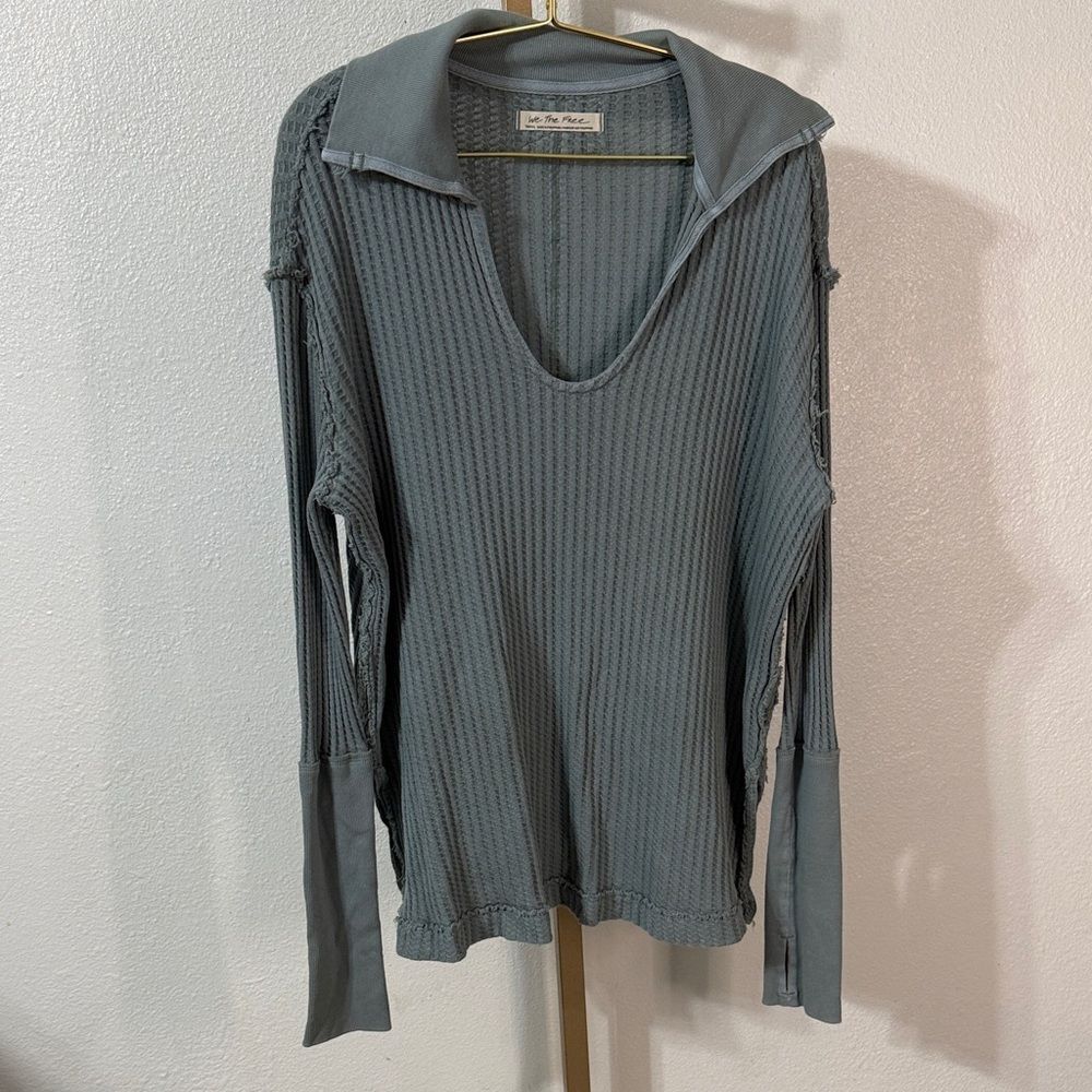 We The Free green/grey waffle Long Sleeve Top with collar and thumb holes- Small